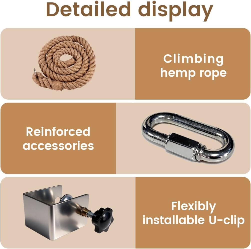 Cat Climbing Rope with U Clip, All-Mounted Clip-on Installation Cat Tree with Climbing Rope for Kitten, Durable Space Saving Cat Climbing Ropes Toy for Doors, Tables, Cabinets,Outdoor Wooden Frames