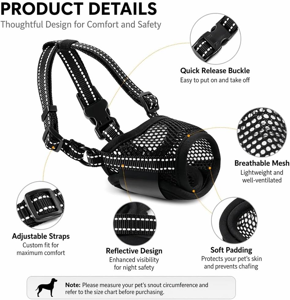 Freezx Muzzle for Dogs, Soft Mesh Breathable Adjustable Reflective Dog Muzzles to Prevents Scavenging Fierce Barking Biting Chewing, Ideal for Grooming Walking Vet Visits Allows Panting and Drinking