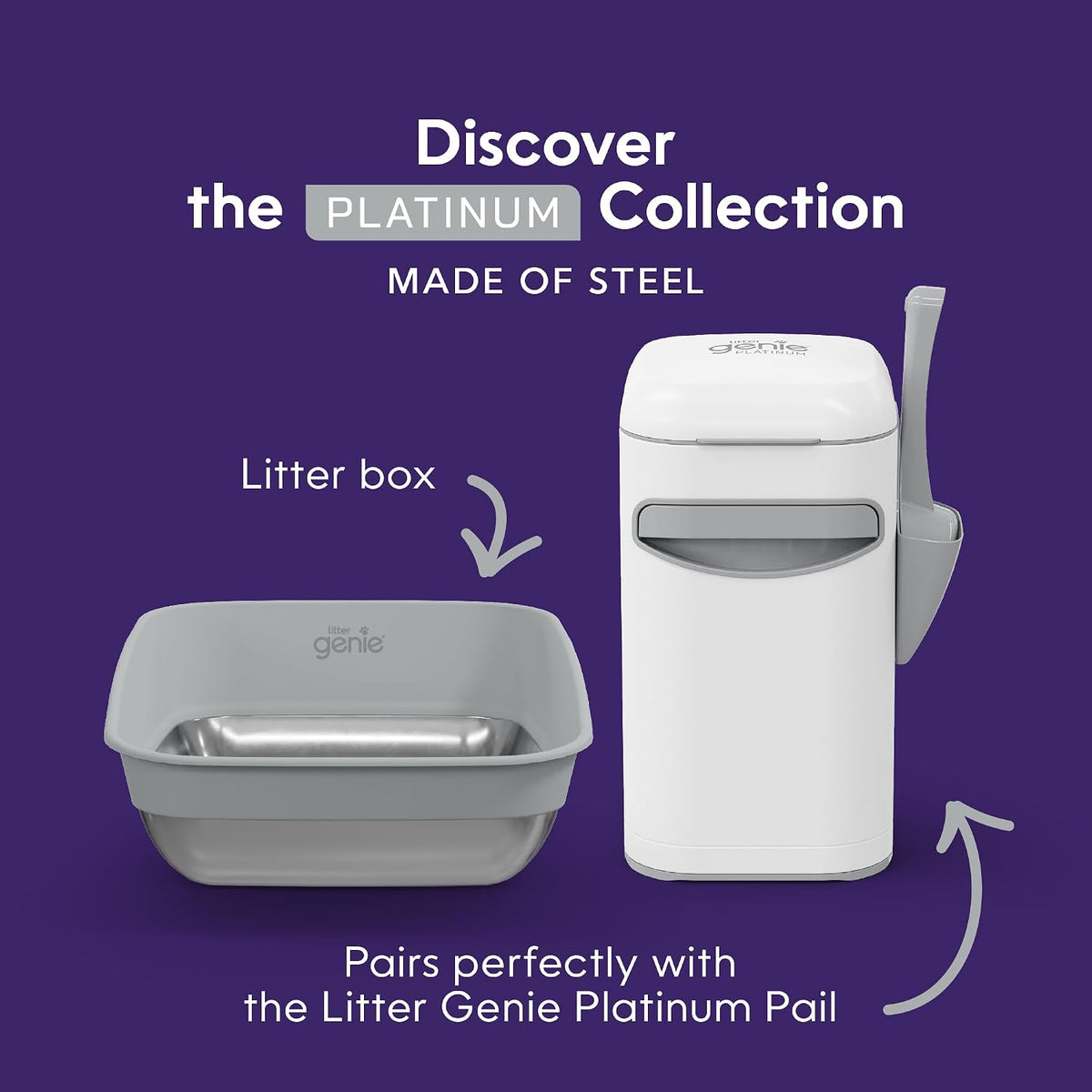 Litter Genie Platinum Stainless Steel Litter Box | Durable, Modern Design, 360° Visibility, Anti-Slip Pads