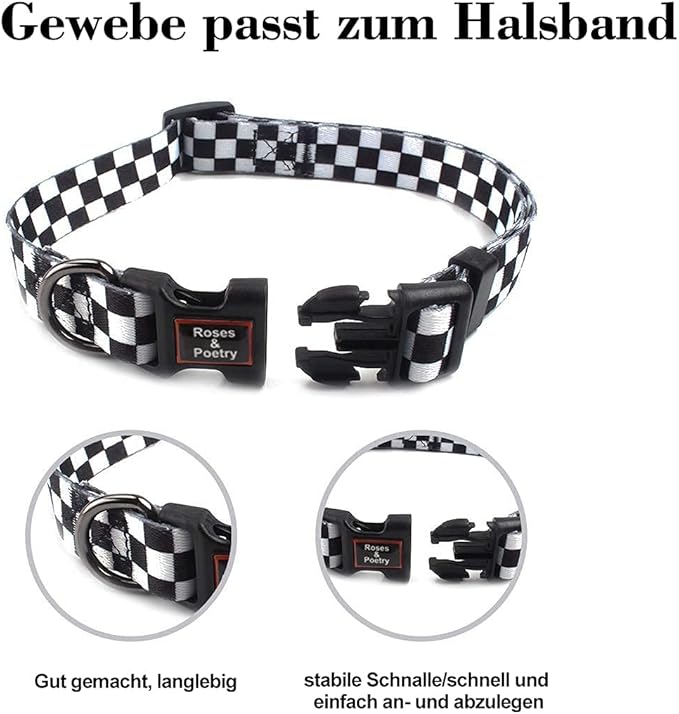 Roses&Poetry Dog Collar with Colourful Checkered Patterns, Adjustable Durable - Image 3