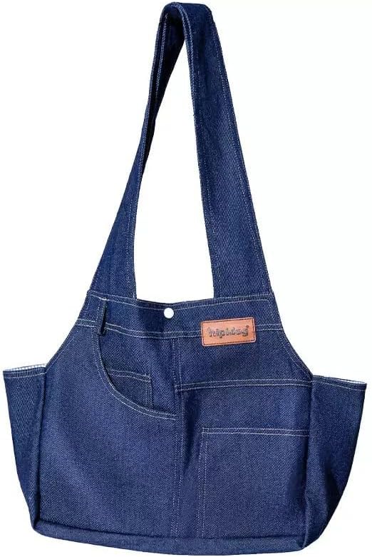 Denim Pet Sling Bag – Portable & Lightweight Shoulder Carrier for Small Dogs & Cats, Foldable Design with Hard Bottom Support, Anti-Escape Snap Hook Inside, Fashionable Travel Bag (Medium)