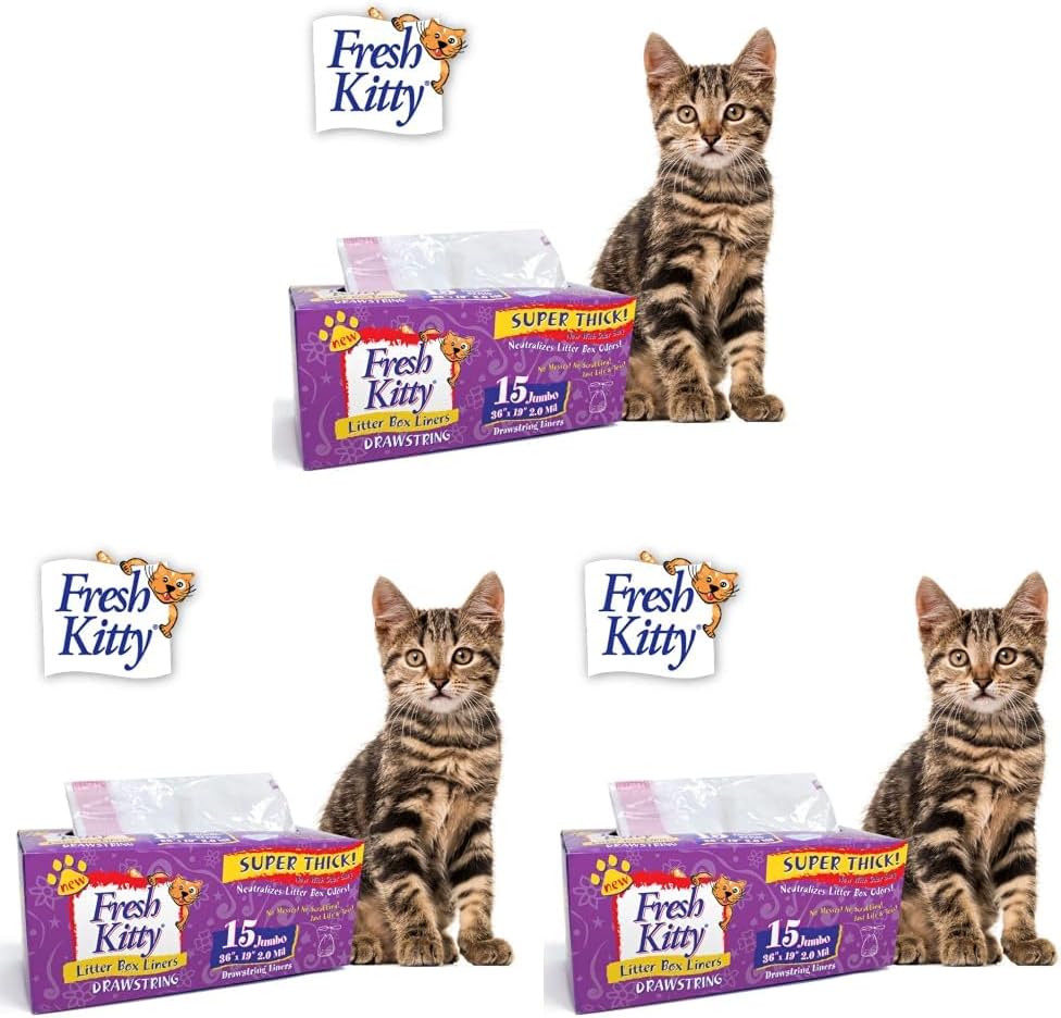 15 Count Fresh Kitty Litter Box Liners Super Thick, Durable, Easy Clean Up Jumbo Drawstring Scented Litter Pan Box Liners, Bags for Pet Cats