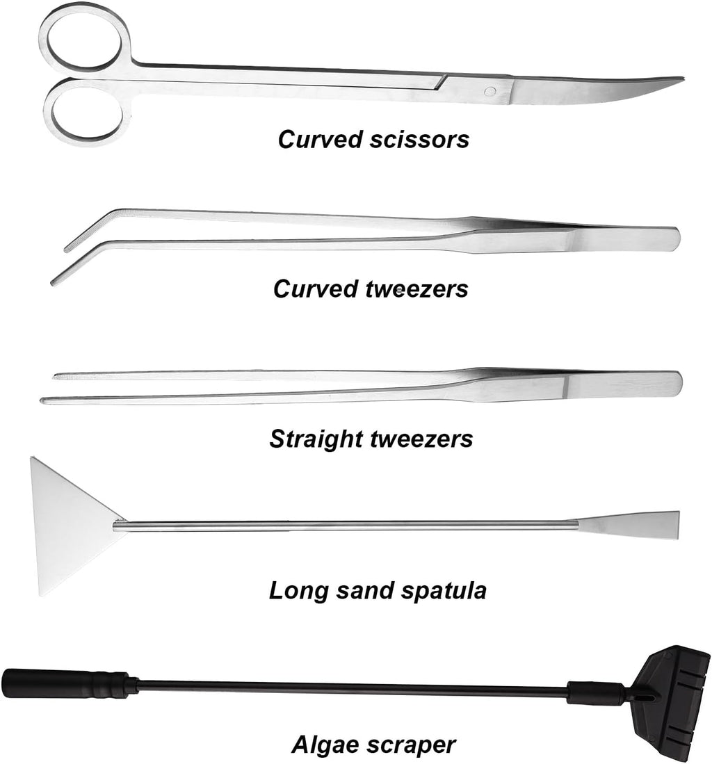 7 Pcs Aquarium Aquascape Tools Kit, Stainless Steel Aquatic Plant Aquascaping Set with Straight/Curved Long Tweezers Scissors Spatula Algae Scraper & 2 Replacement Heads Fish Tank Cleaning Kit