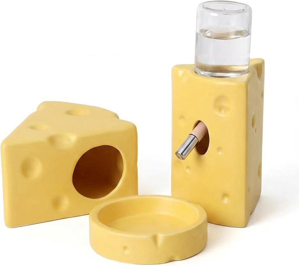 Hamster Cage Accessories Cheese Shaped Cooling Ceramic Hideout Set, 4-Piece Small Pet Supplies with 125ml No Drip Water Bottle, Anti-Tip Food Bowl for Syrian Dwarf Hamster Gerbil Hedgehog Cage Decor
