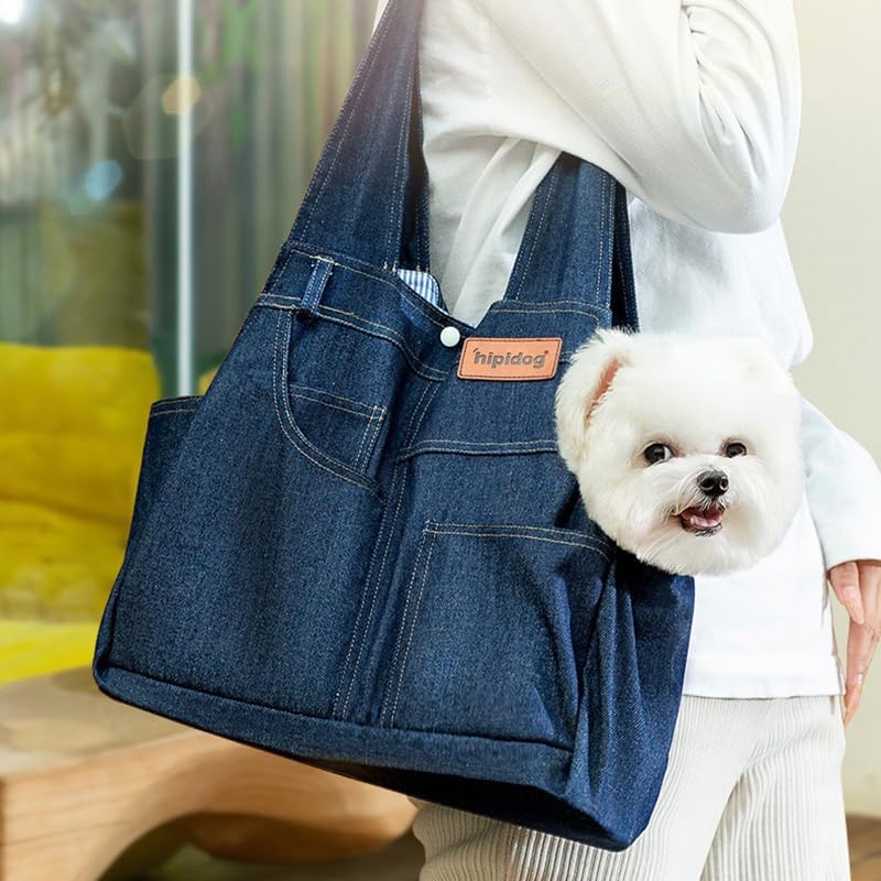 Denim Pet Sling Bag – Portable & Lightweight Shoulder Carrier for Small Dogs & Cats, Foldable Design with Hard Bottom Support, Anti-Escape Snap Hook Inside, Fashionable Travel Bag (Medium)