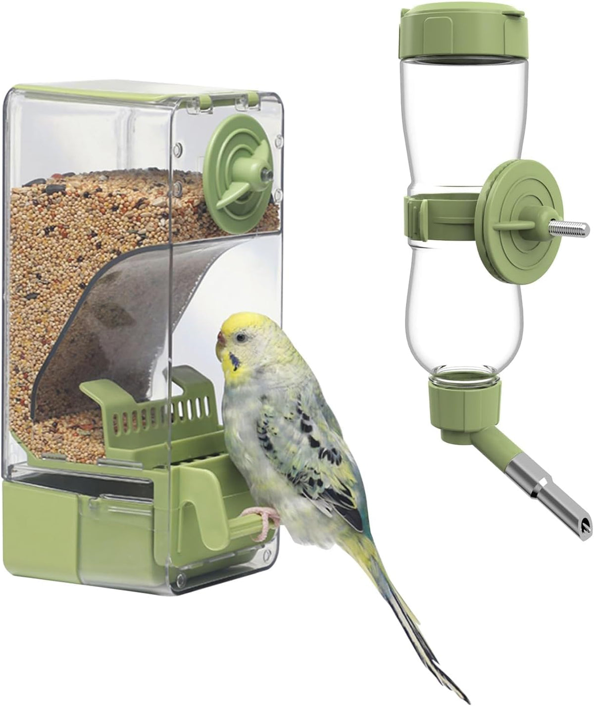 Bird Feeder Water Dispenser Set, Automatic Cage Feeder with Perch for Parakeet Canary Cockatiel Finch Budgie (Green)