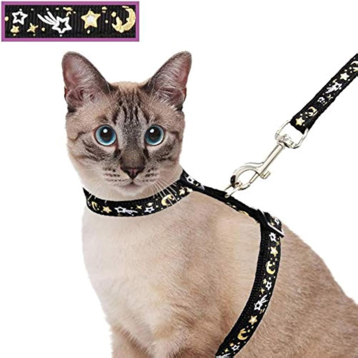 Cat Harness and Leash Set for Outdoor Walking Escape Proof Adjustable Soft Safety Strap with Golden Star and Moon Design Glow in The Dark Purple XL