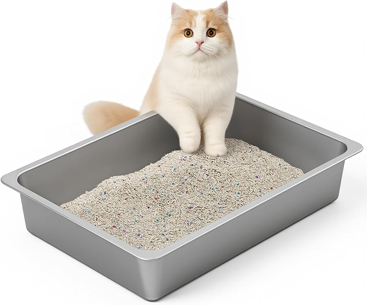 Kirecoo Large Stainless Steel Cat Litter Box Low Entry, Non-Stick