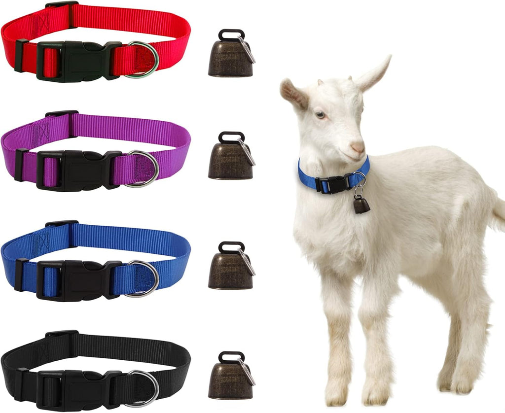 4 Pack Goat Collars with Bell Adjustable Nylon Collar and Grazing Copper Bells Set Farm Animal Anti-Lost with Loud Bronze Bells for Goat Sheep Horse Cow