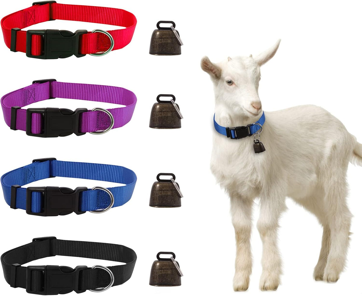4 Pack Goat Collars with Bell Adjustable Nylon Collar and Grazing Copper Bells Set Farm Animal Anti-Lost with Loud Bronze Bells for Goat Sheep Horse Cow