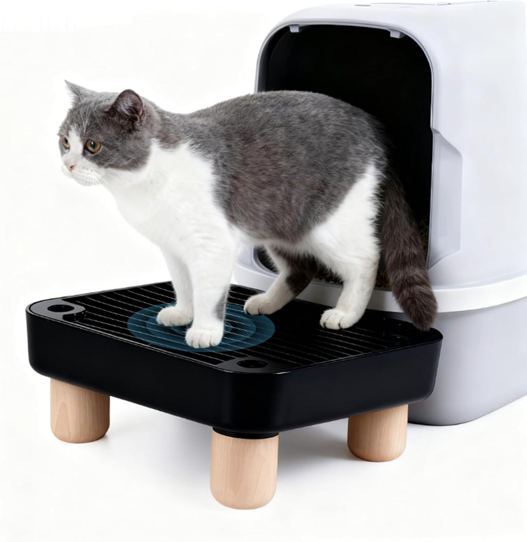 Litter Box Step, Litter Box Ramp/Catcher with Wooden Base，Pet Step Stool for Filter Function, Easy to Clean,Ideal for Kitten/Elderly Cats(Black)