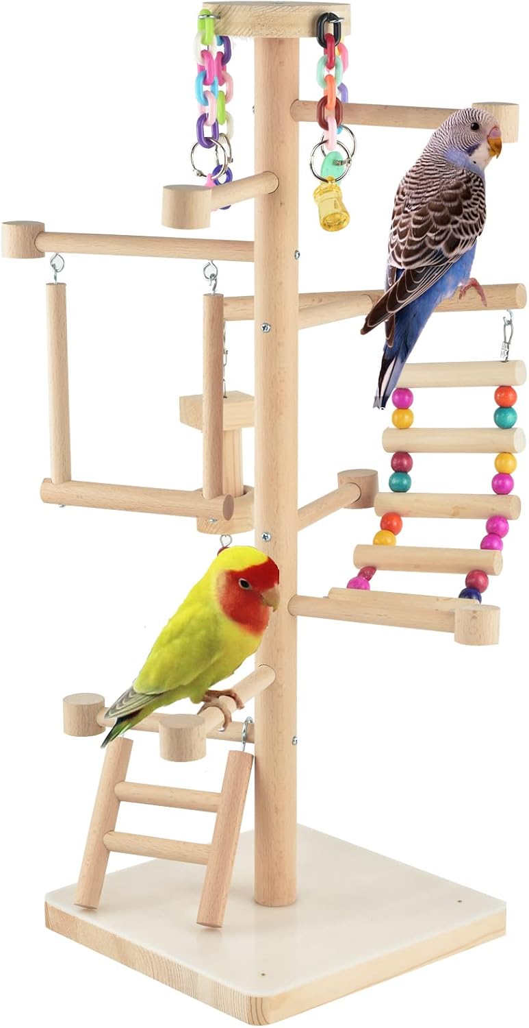Large Bird Playground Cockatiel Wood Playstand with Perch Swing Ladder Chew