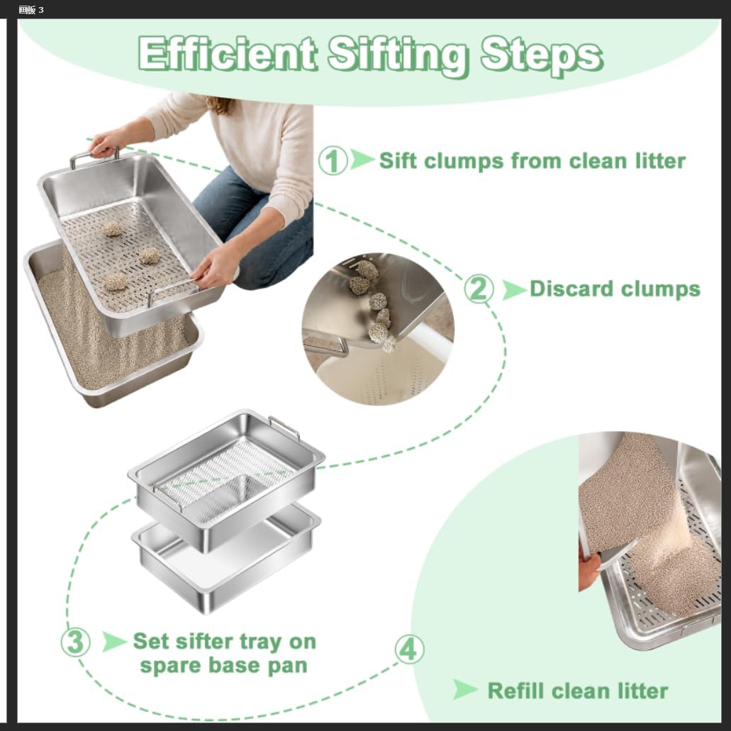 Stainless Steel Sifting Cat Litter Box for Clumping Clay Litter with High-Speed Sifting System, Large Metal Litter Box with 2 Replaceable Bottom Pans, Odor Control，Easy Clean(17.7” x 13.7” x 5.9”)
