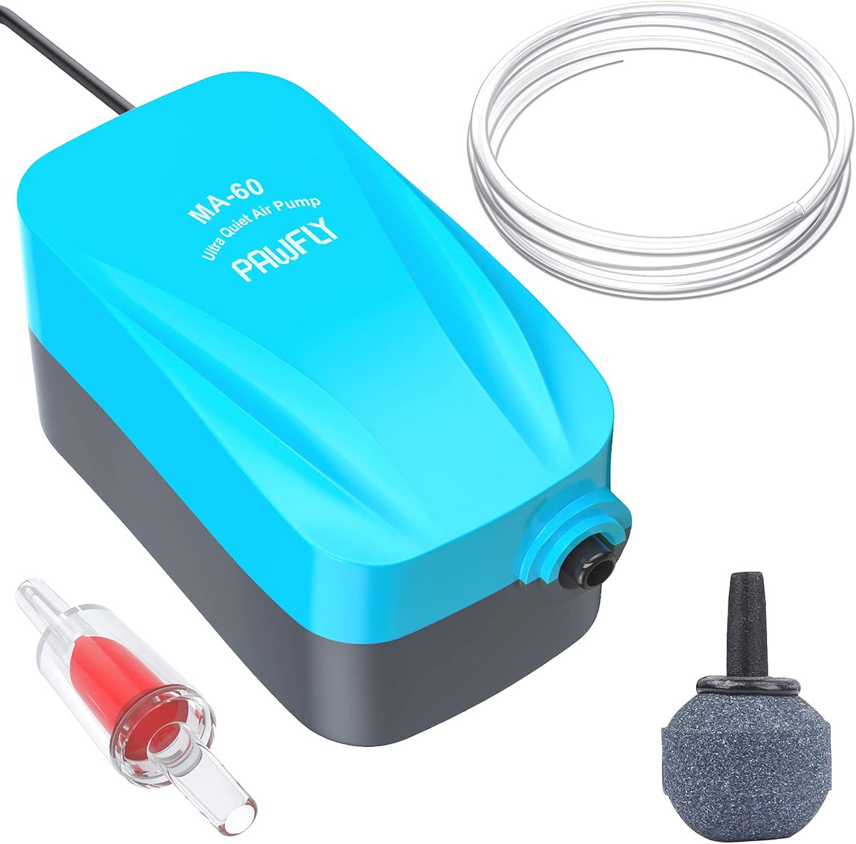 Pawfly Aquarium Compact Air Pump for 3-20 Gallon Buckets and Fish Tanks Quiet Oxygen Aerator Pump with Air Stone, Nano Bio Sponge Filter, Airline Tubing and Check Valve Accessories