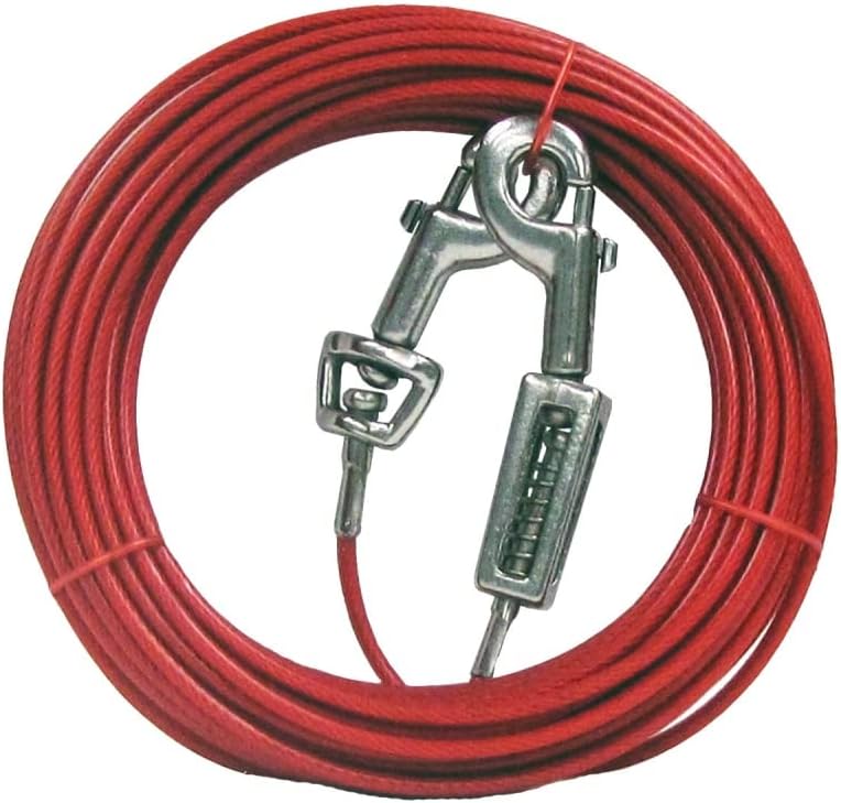 Rocky Mountain Goods Dog Tie Out Cable with Spring (30 Foot) - Steel Tether Wire Dog Cable for Large Dogs up to 60 Pounds - 4 Swivel Points Reduce Tangling - Strong Vinyl - Easy Open Rotating Clips