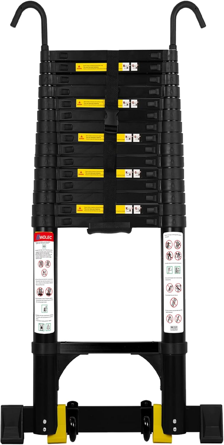 Telescoping Ladder with Hooks, 20.3 FT, Stabilizer & Wheels, Black