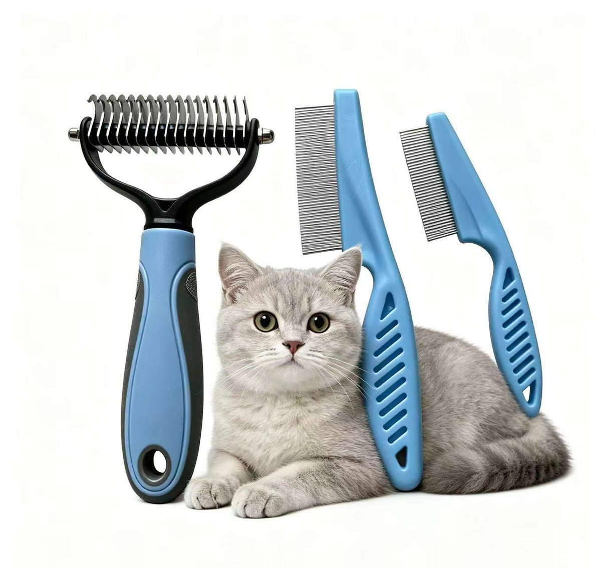 Pet Dematting Comb Kit, 1pc Double Sided Undercoat Rake for Mats & Tangles + 2Pcs Metal Pet Comb, Grooming Brush Set for Long Silky Haired Dogs and Cats, Small Size