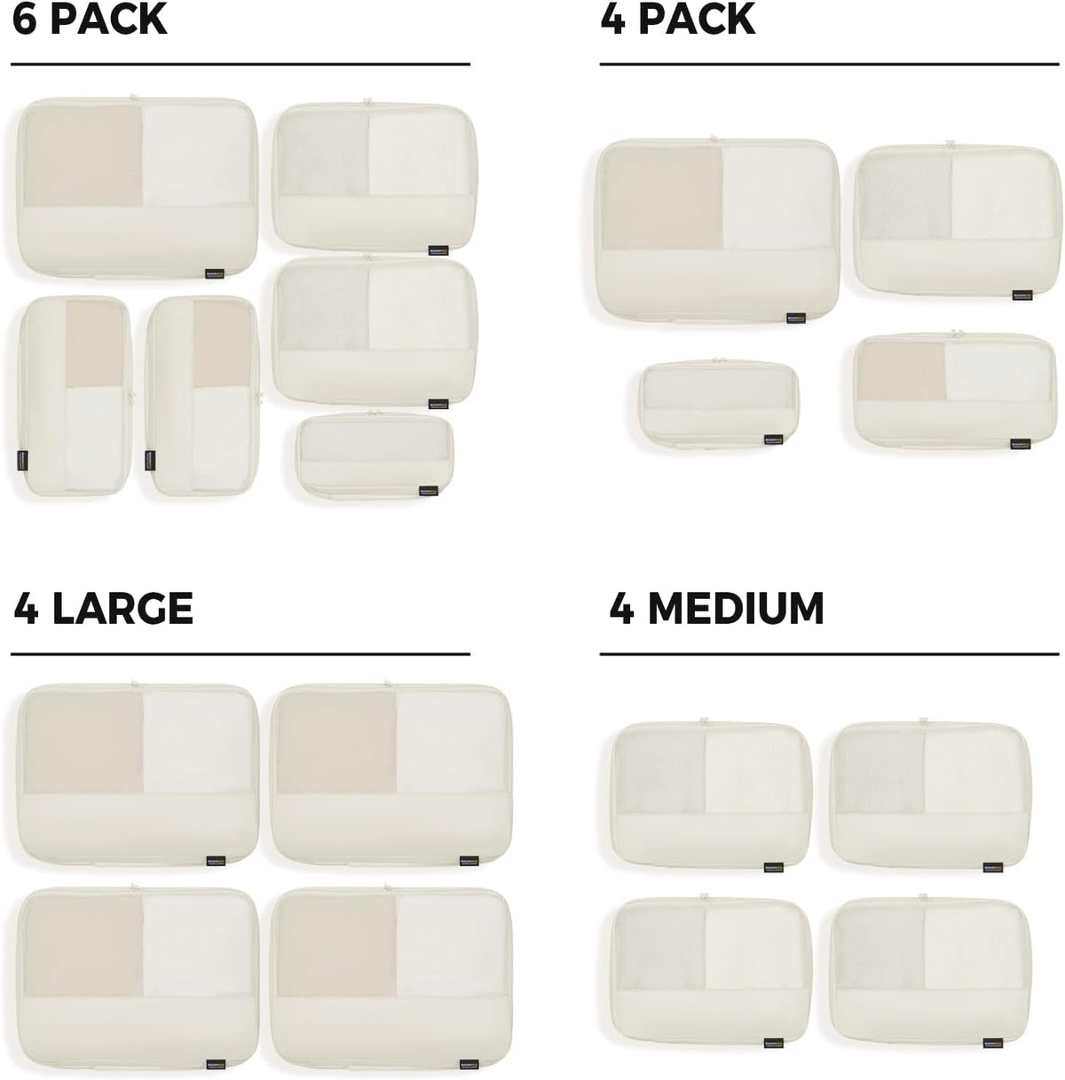 4 Large Compression Packing Cubes for 7–14 Day Travel, Off White