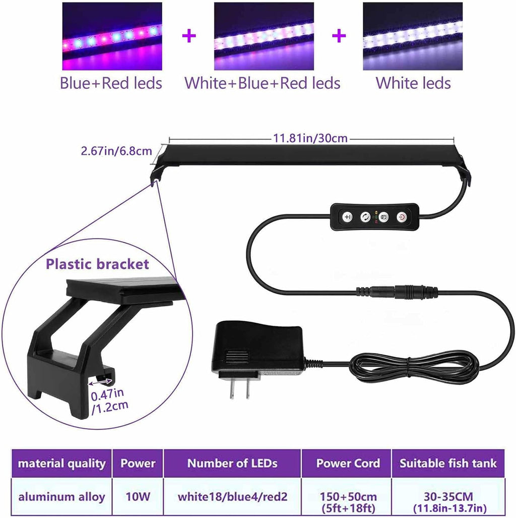 10W Full Spectrum Aquarium Light with Aluminum Alloy Shell Extendable Brackets, White Blue Red LEDs, Adjustable Brightness, Timer Controller, for Freshwater Fish Tank,Plant Light (11.8 inches)