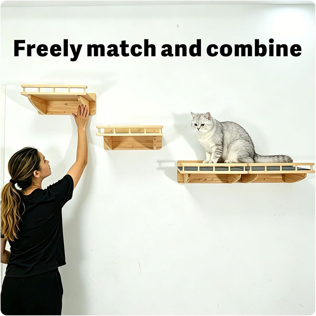 【1-Pack】 15.75" x 12.20" Natural Solid Wood Wall-Mounted Cat Shelf with Guardrail, Aerial Walkway, Wall Furniture, Steps, Stairs & Perch