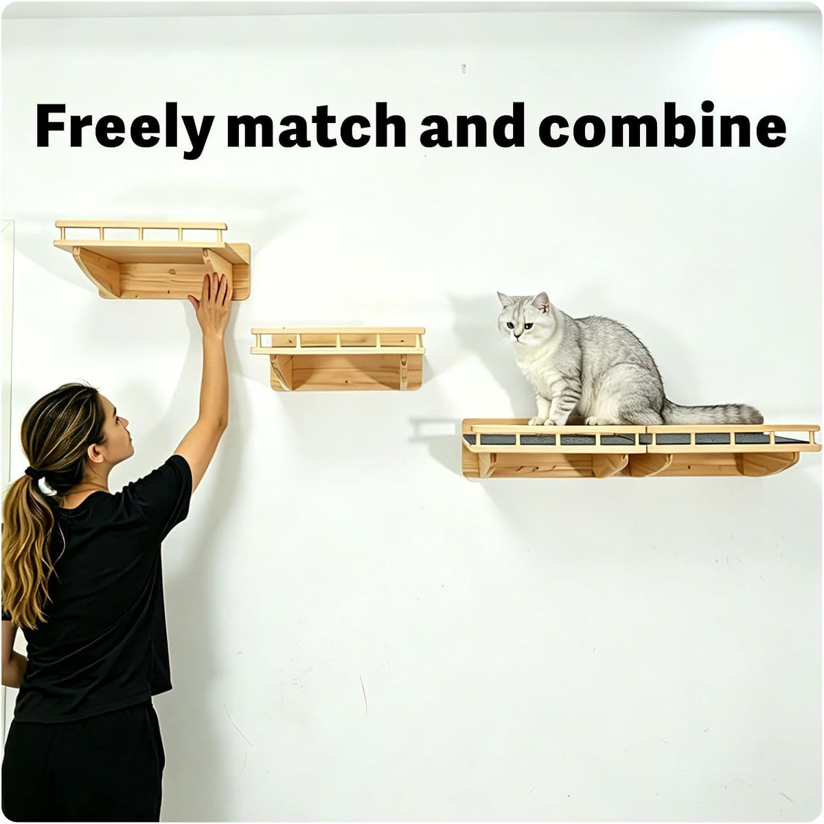 【1-Pack】 15.75" x 12.20" Natural Solid Wood Wall-Mounted Cat Shelf with Guardrail, Aerial Walkway, Wall Furniture, Steps, Stairs & Perch