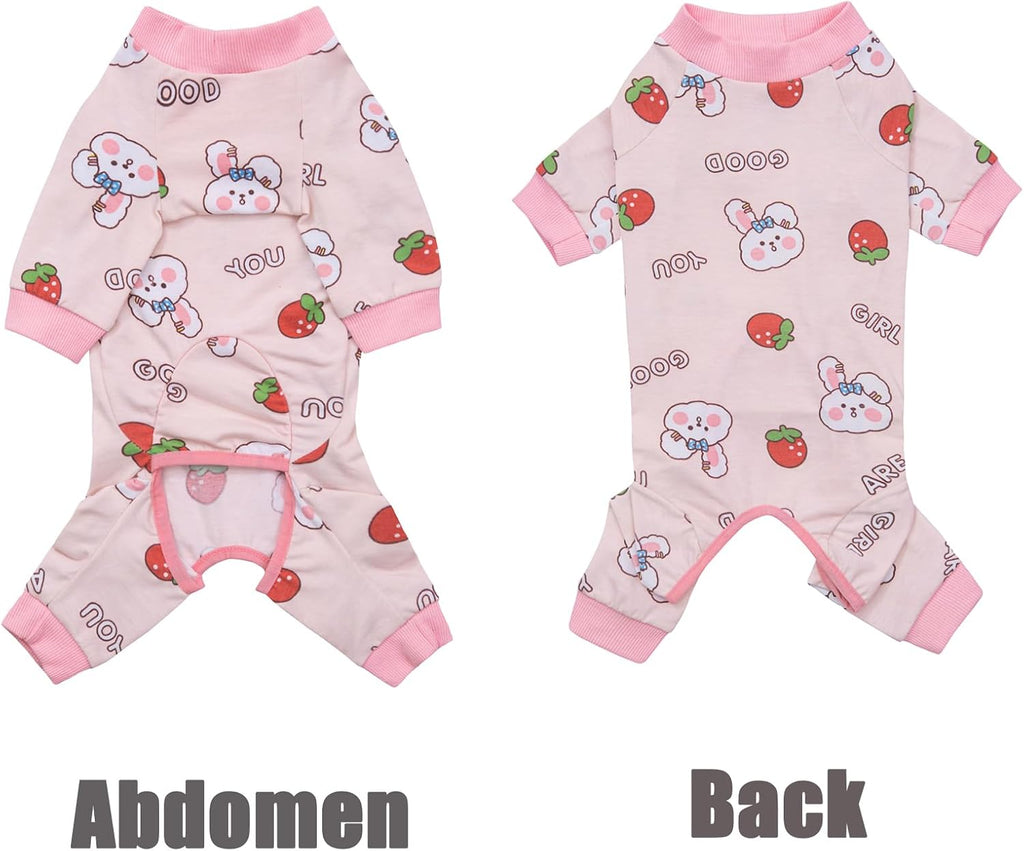 Dog Recovery Suit for Surgery - Soft Onesie, Cute Pajamas Bodysuit, Cone Alternative - Prevent Licking - Female/Male (Small, Bunny Strawberry)