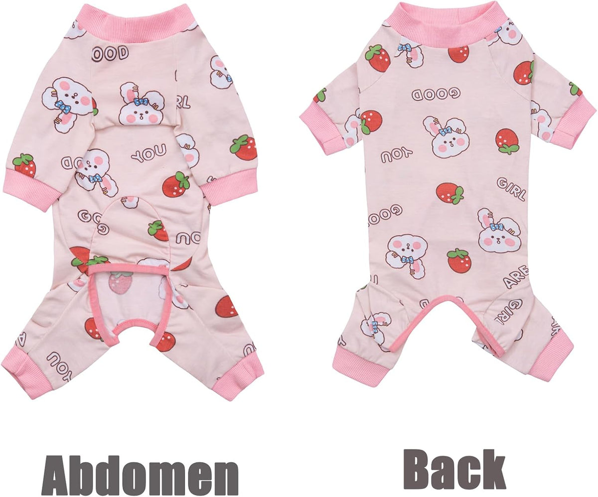 Dog Recovery Suit for Surgery - Soft Onesie, Cute Pajamas Bodysuit, Cone Alternative - Prevent Licking - Female/Male (Small, Bunny Strawberry)