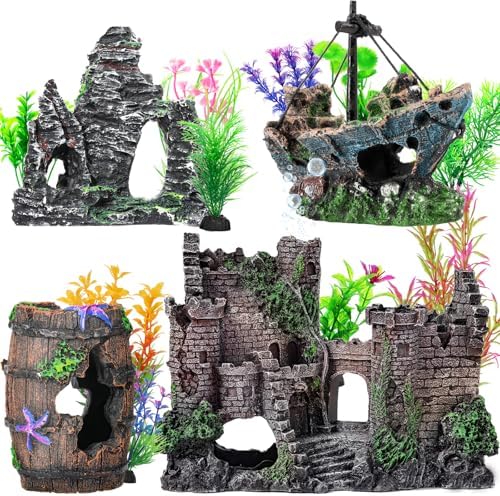 CousDUoBe 14 Pcs Aquarium Decorations Large Kit，Castle Fish Tank Bubbler Decorations，Starfish Barrel, Resin Cave Rock,Resin Material Sunken Ship,Aquarium Plants Large Fish Bowl Ornaments