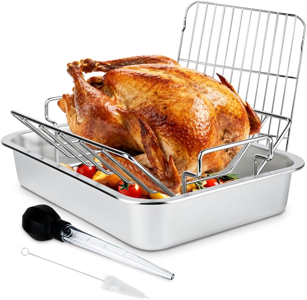 Turkey Roaster Roasting Rack with Pan for Oven, Stainless Steel