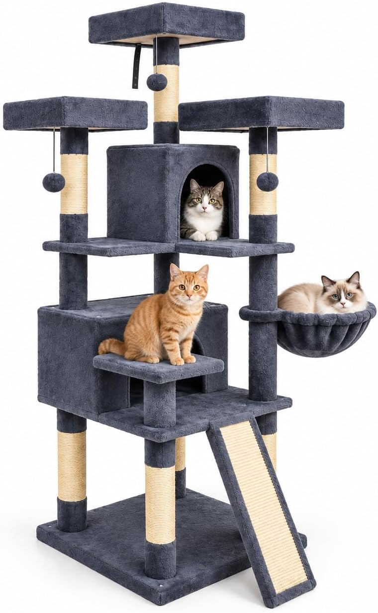 66" Multi-Level Cat Tree, 3 Perches, 2 Condos, Light Gray