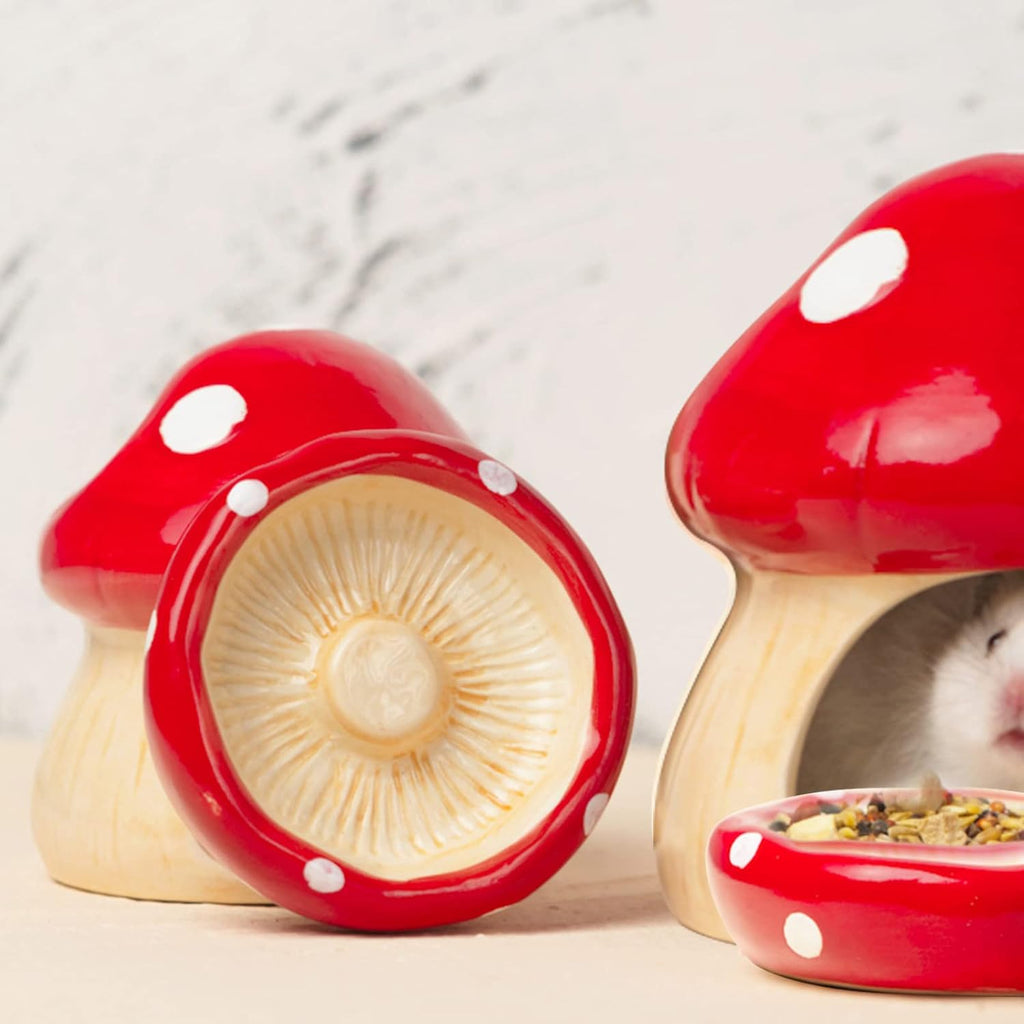 Ceramic Mushroom Hamster Hideout with Food Bowl, Small Animal House(Red)