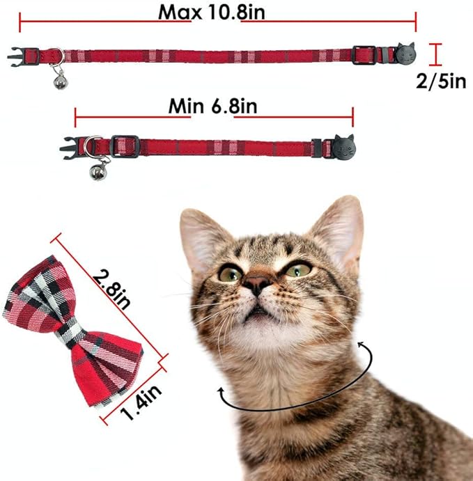 Cat Collar Breakaway with Bell and Bow Tie, Plaid Design Adjustable Safety - Image 7