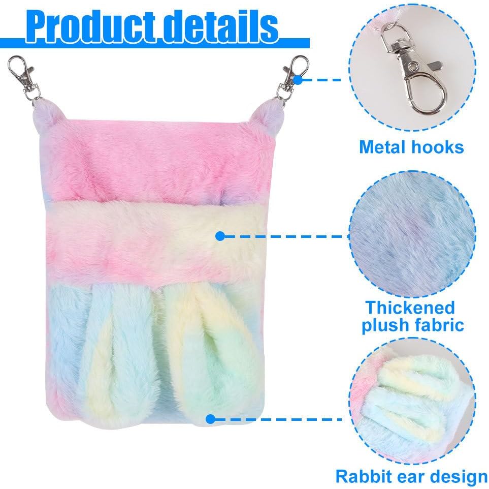 MiOYOOW Sugar Glider Sleeping Pouch, Warm Plush Hamster Bed with Cute Ear Colorful Cage Hanging Small Animals Nest for Guinea Pig Ferrets