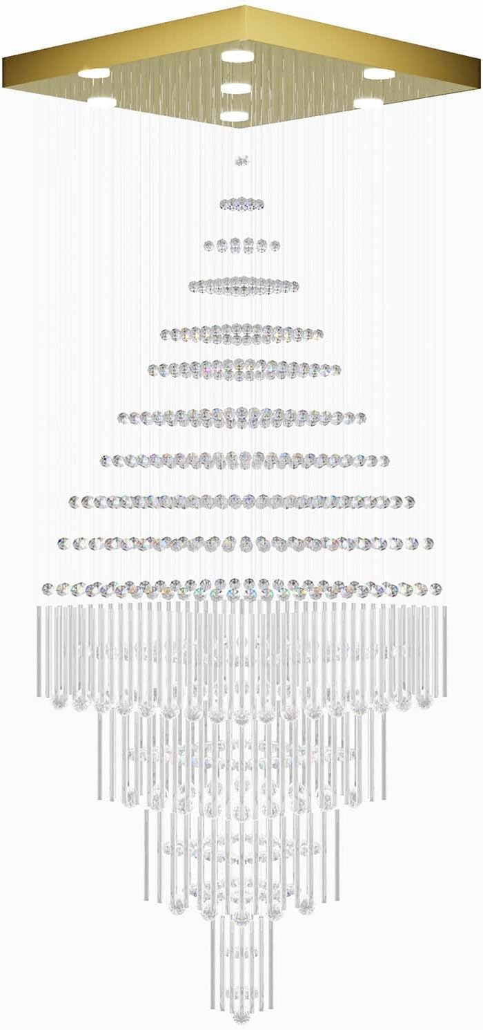 Flashing God D32''X H79'' Extra Large Chandeliers for High Ceilings Square Crystal Raindrop Gold Chandeliers Large Villa Chandelier Entrance Foyer Ceiling Light LED Dimmable 2700K-6000K
