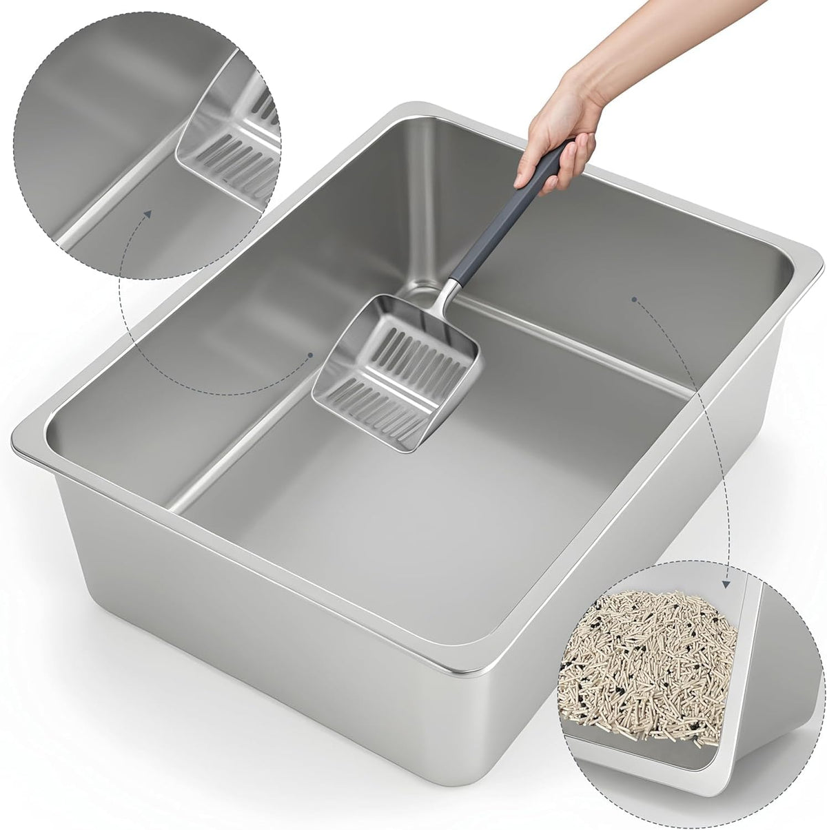 Kirecoo Large High Sided Stainless Steel Cat Litter Box, Non-Stick