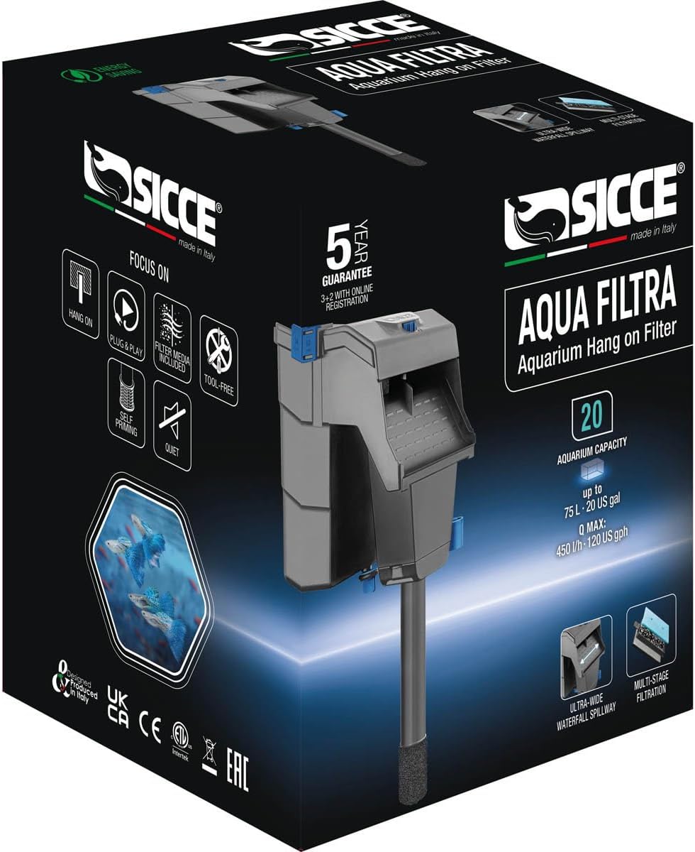 Sicce Aqua Filtra 20 Hang On Back Aquarium Fish Tank Power Filter Up to 20 Gallon Aquariums - Quiet 3-Stage HOB for Freshwater & Saltwater