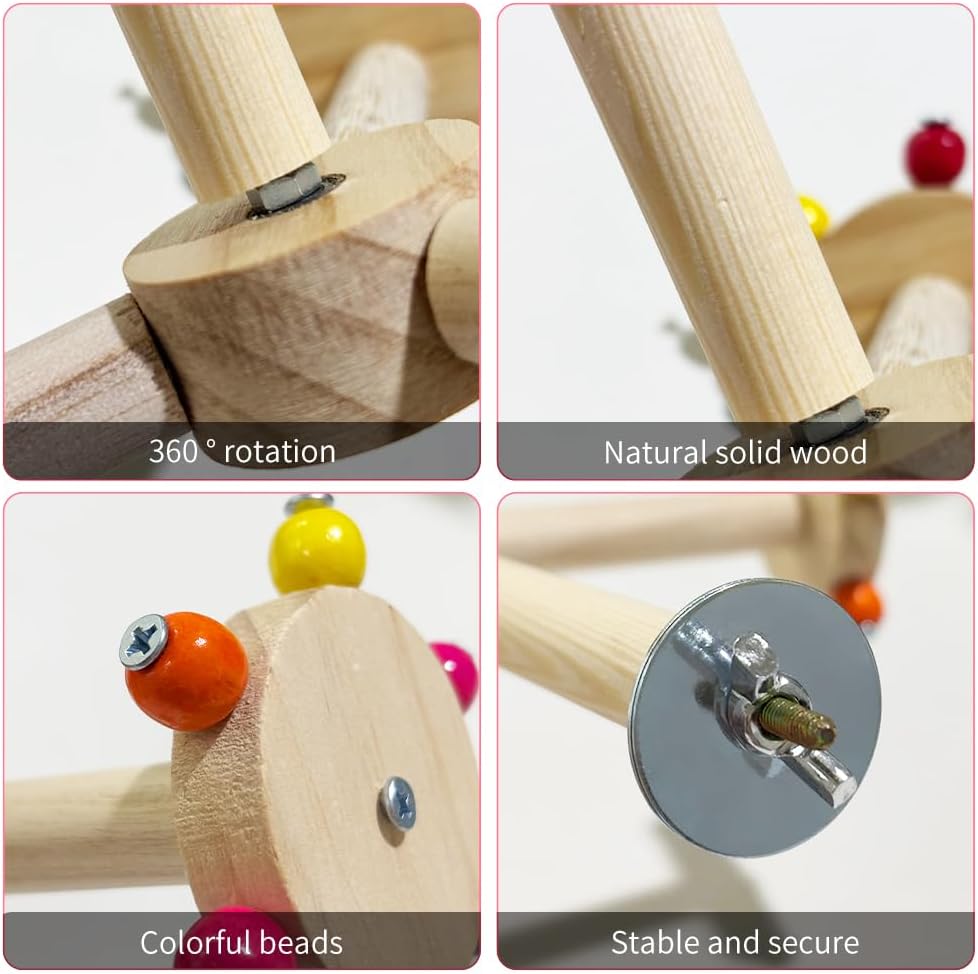 La La Pet Spinning Parrot Perch Stand Rotating Wood Windmill Hanging Perch Roller with Colorful Beads Funny Birdcage Toys for Conures Parrots Parakeets