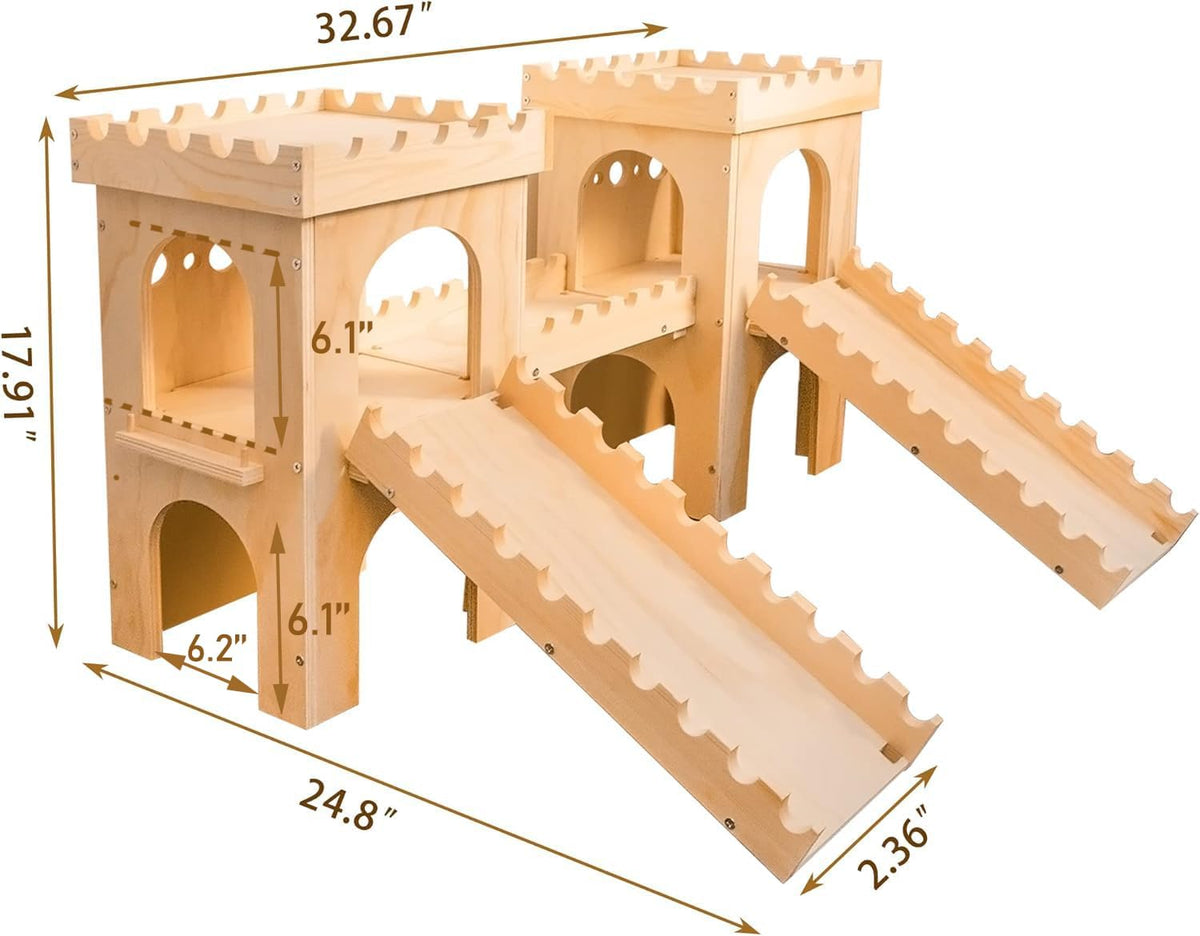 Extra Large Wooden Rabbit Castle Hideaway Tunnel and Bed Small Animal Hideaway Hut Solid Safe Construction Play Hideaway Hut for Rabbit Guinea Pig Chinchilla
