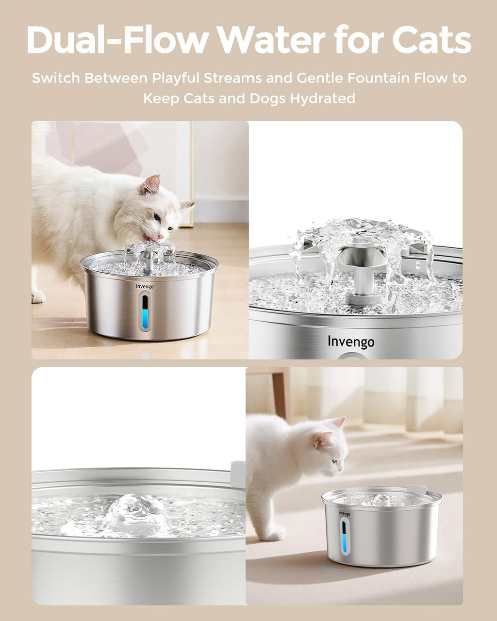 Invengo Cat Water Fountain Stainless Steel 3.2L/108oz, Pet Fountain