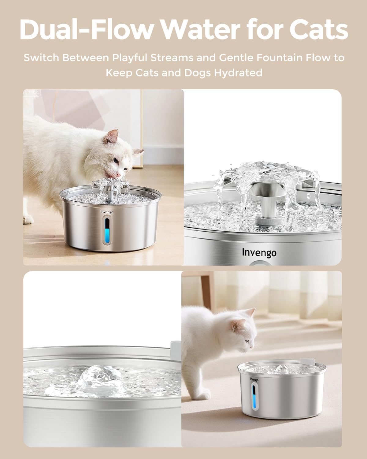 Invengo Cat Water Fountain Stainless Steel 3.2L/108oz, Pet Fountain