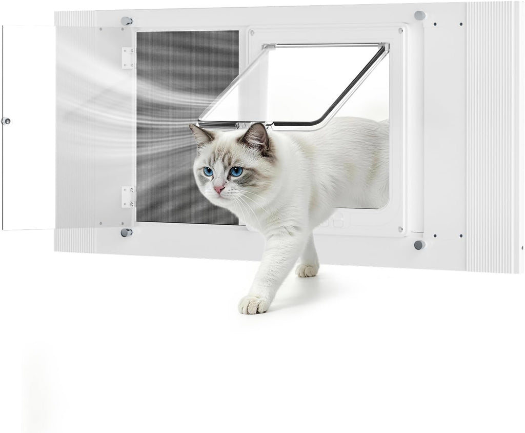 All Season Cat Door for Window with Screen Mesh & Clear Acrylic Panel,36"-40" Adjustable Width,Magnetic Closure Weatherproof Window Pet Door,Aluminum Frame Window Cat Door Insert for Sliding Windows