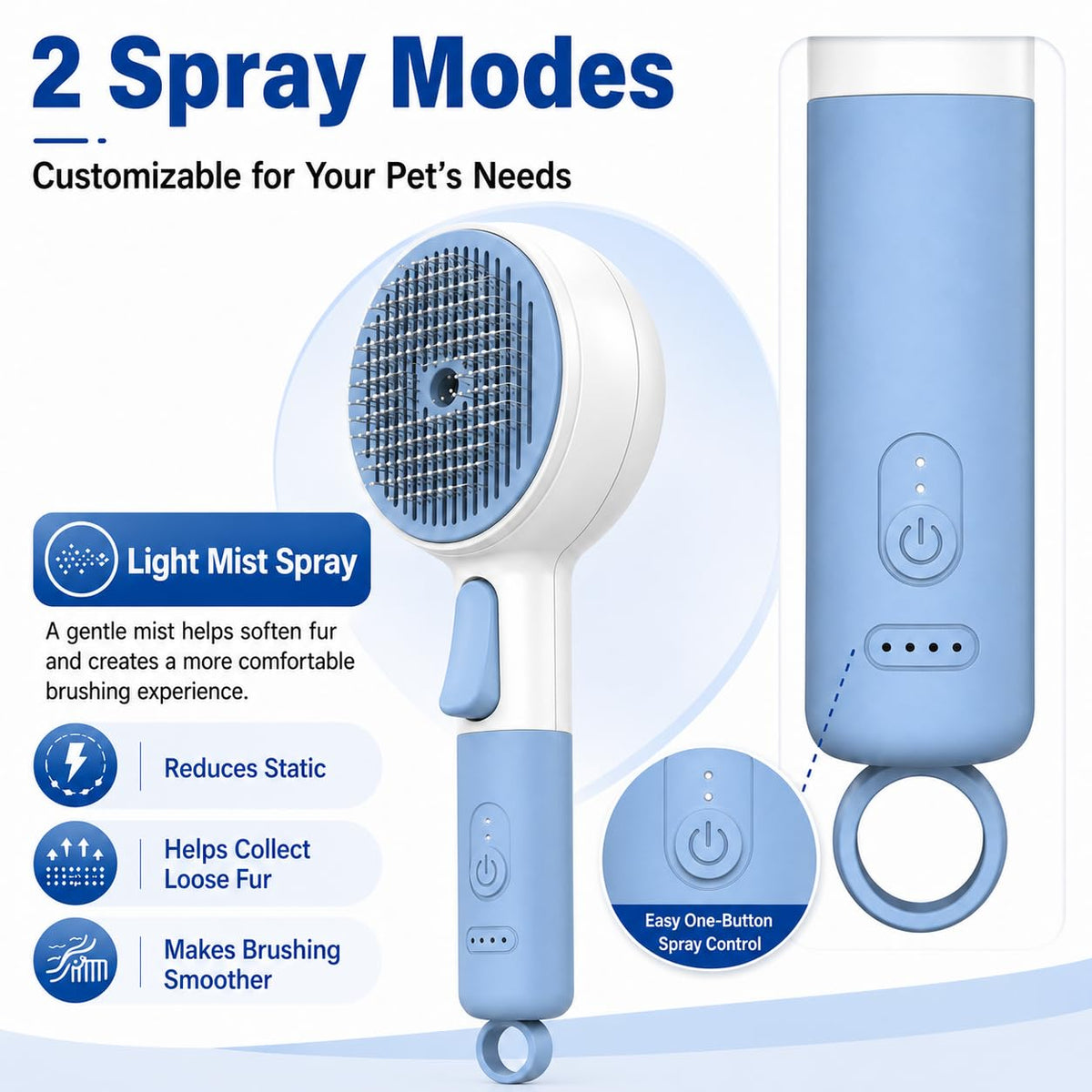 Cat Brush for Shedding, Self-Cleaning Deshedding Tool for Indoor Cats & Small Dogs, 3-in-1 Grooming Brush with Water Spray Mist, Rechargeable Pet Hair Removal Tool for Loose Fur and Tangles
