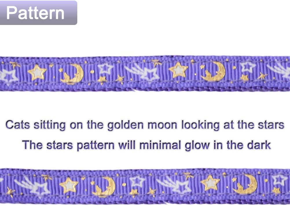 Cat Harness and Leash Set for Outdoor Walking Escape Proof Adjustable Soft Safety Strap with Golden Star and Moon Design Glow in The Dark Purple XL