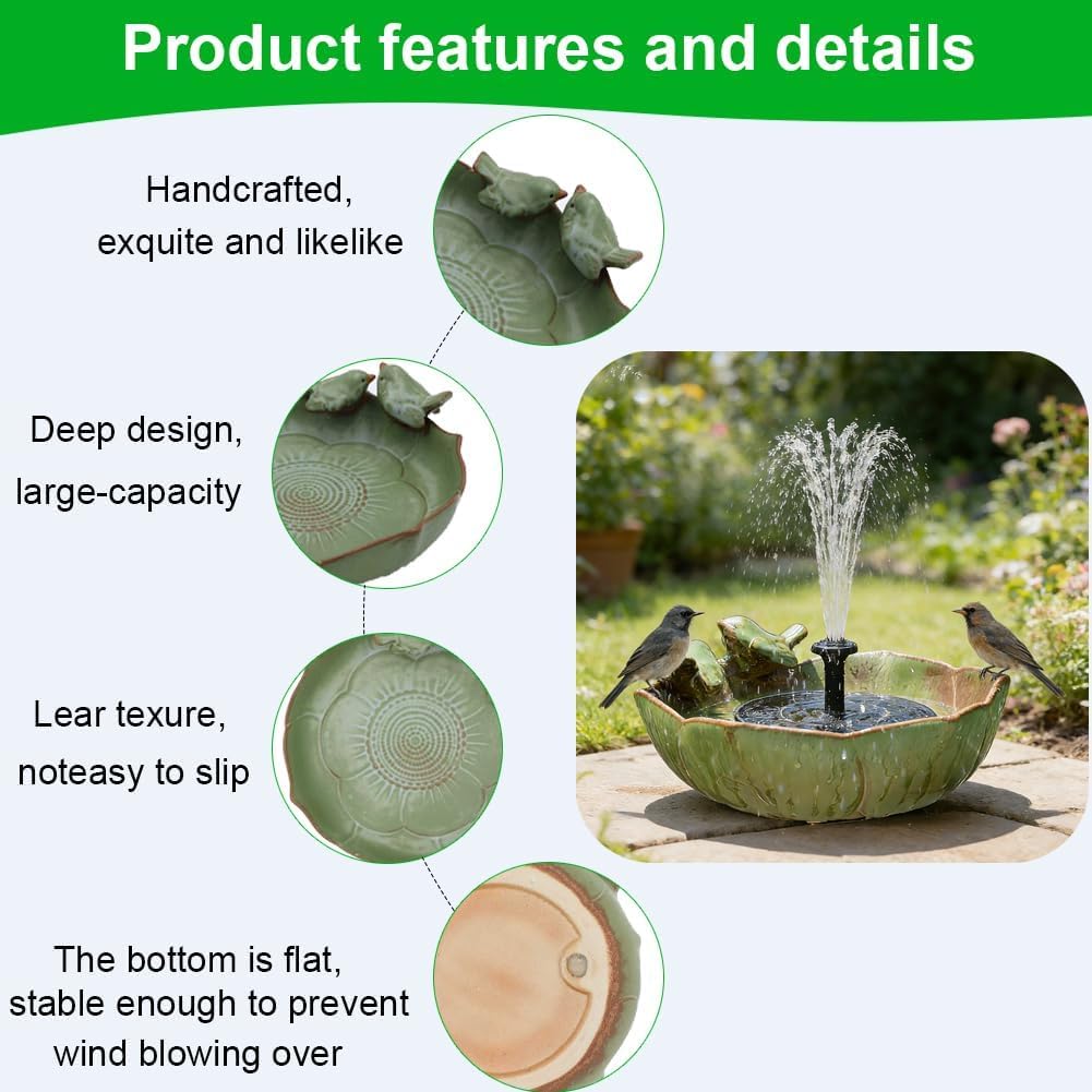 Bird Bath Bowl with Solar Fountain for Outdoors, 9.4" Ground Table Top Birdbath with Solar Powered Pump, Weather Resistant Hummingbird Water Feature for Garden Patio Deck Balcony Lawn Yard Home