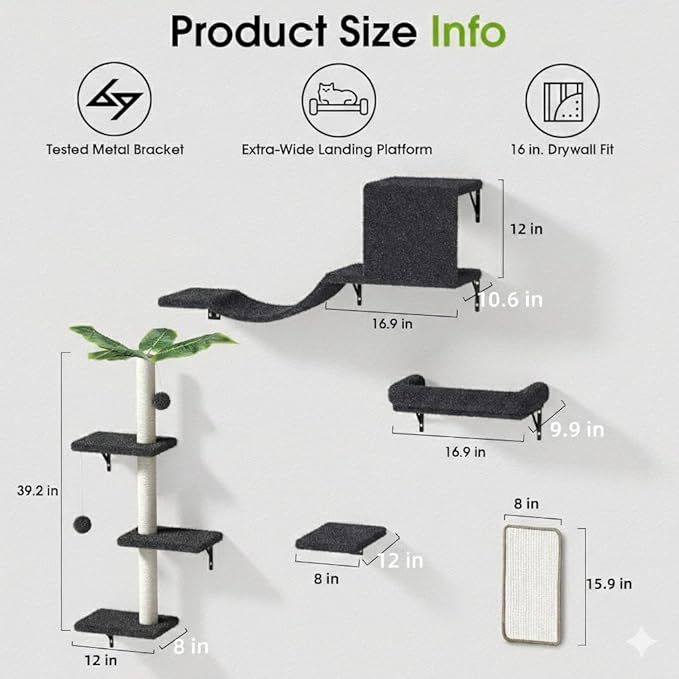 5-in-1 Cat Wall Shelves for 16 Inch Drywall: Space-Saving Wall Mounted Cat - Image 2