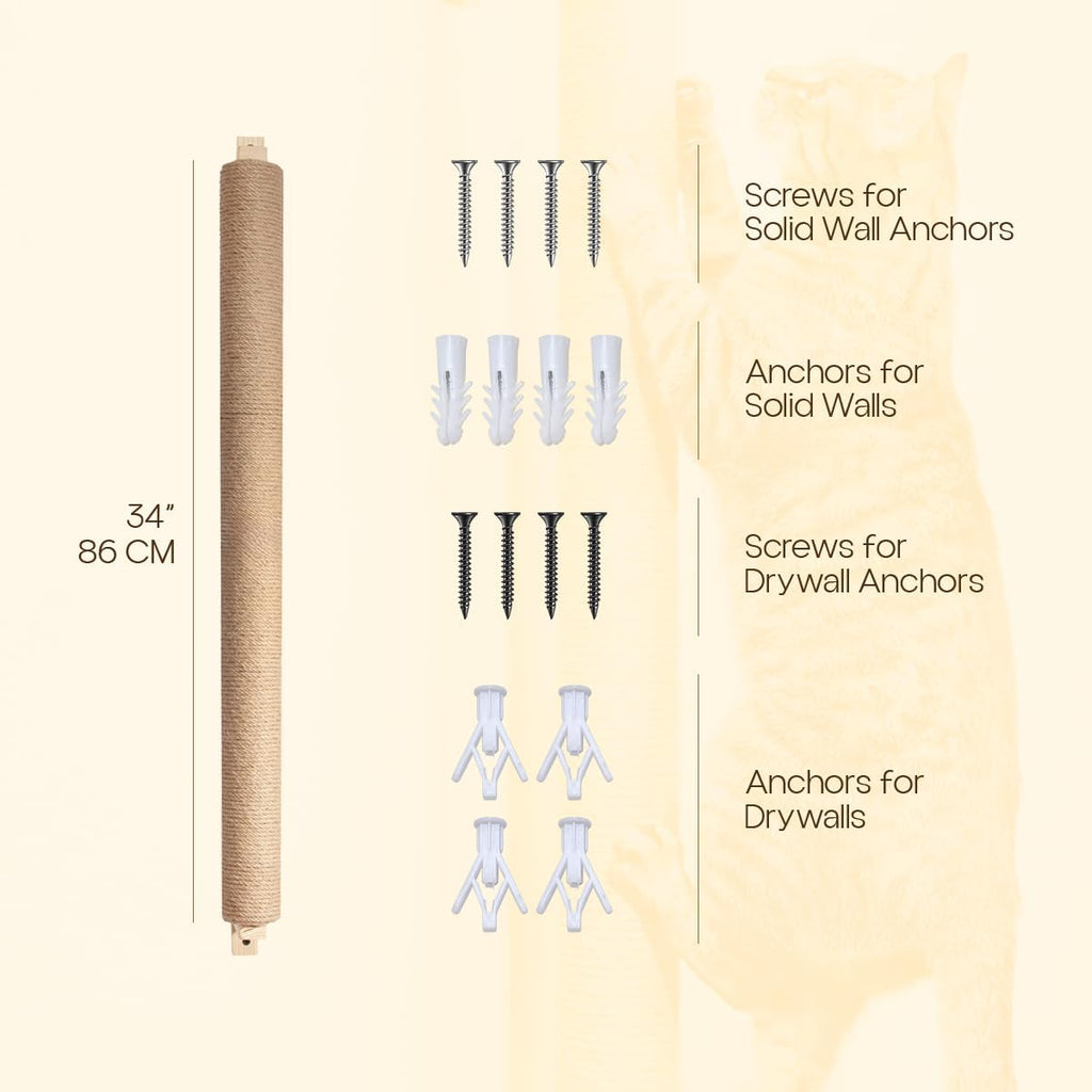 Wall Mounted Cat Scratcher 34'' Jute Cat Scratching Post Tree Kitten Sturdy Climbing for Indoor Cats Vertical Tall wall mounth Fiber cat Scratch Posts Tower cat Climbing wall Systems (M)