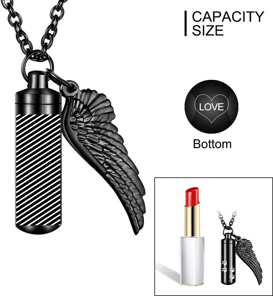 abooxiu Cylinder Cremation Necklace for Pet Ashes With Angel Wing Paw - Urn Necklace for Dog/Cat Memorial Keepsake Jewelry