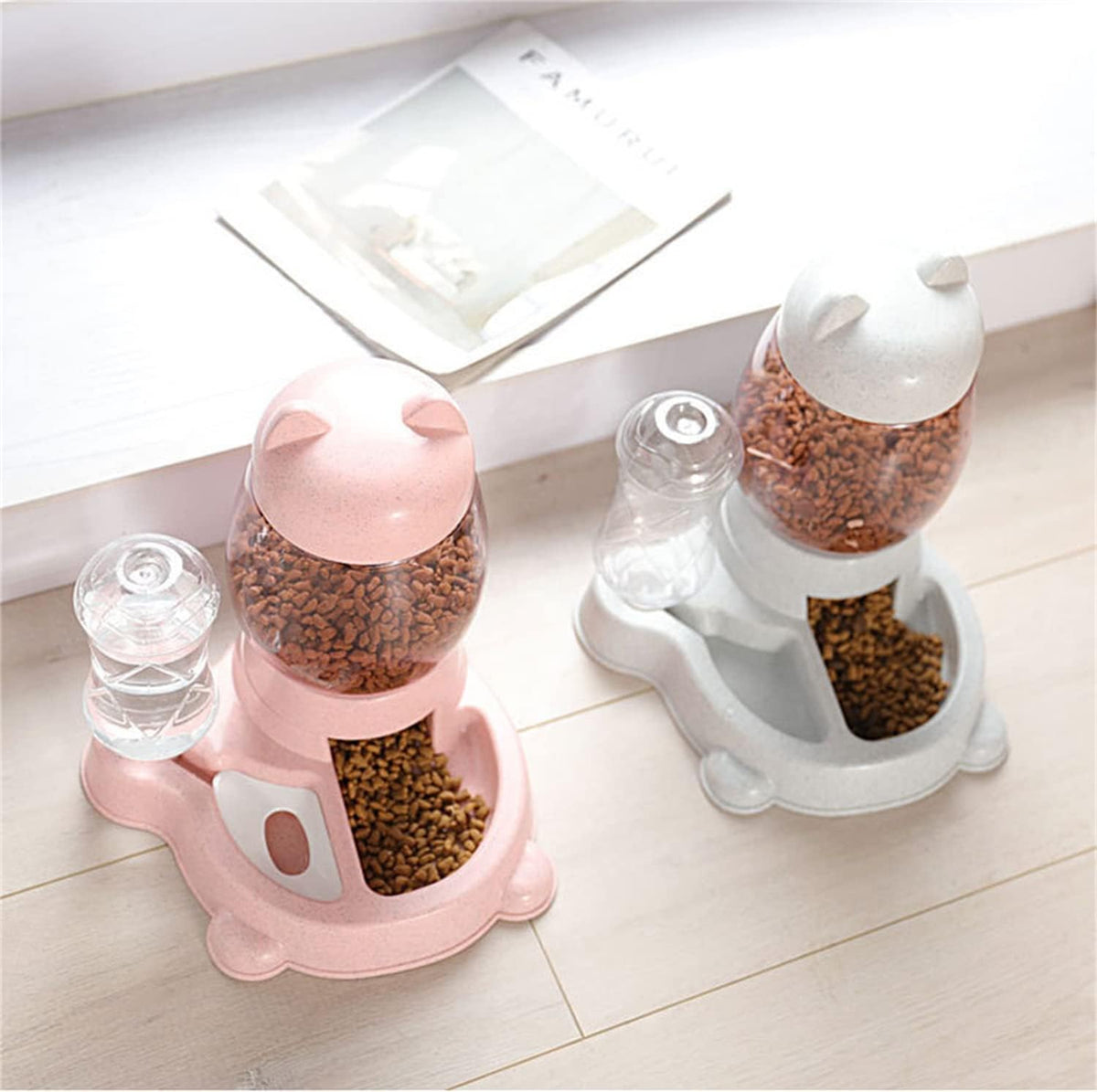 Automatic Cat & Dog Feeder Set, Self-Dispensing Food & Water Dispenser, Large Capacity (Pink)