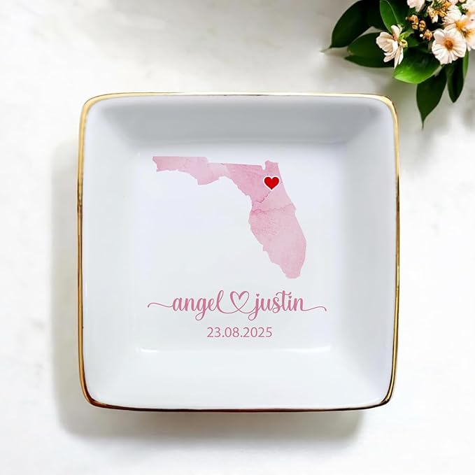Custom State Location Map Engaged Ring Dish, Ring Holder Dish Engagement Gift - Image 2