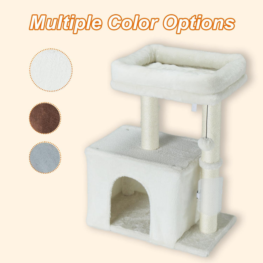 PEEKAB Small Cat Tree Tower,Scratching Post with Condo and Perch for Indoor Cats and Kittens,with Dangling Ball Massage Brush,Beige